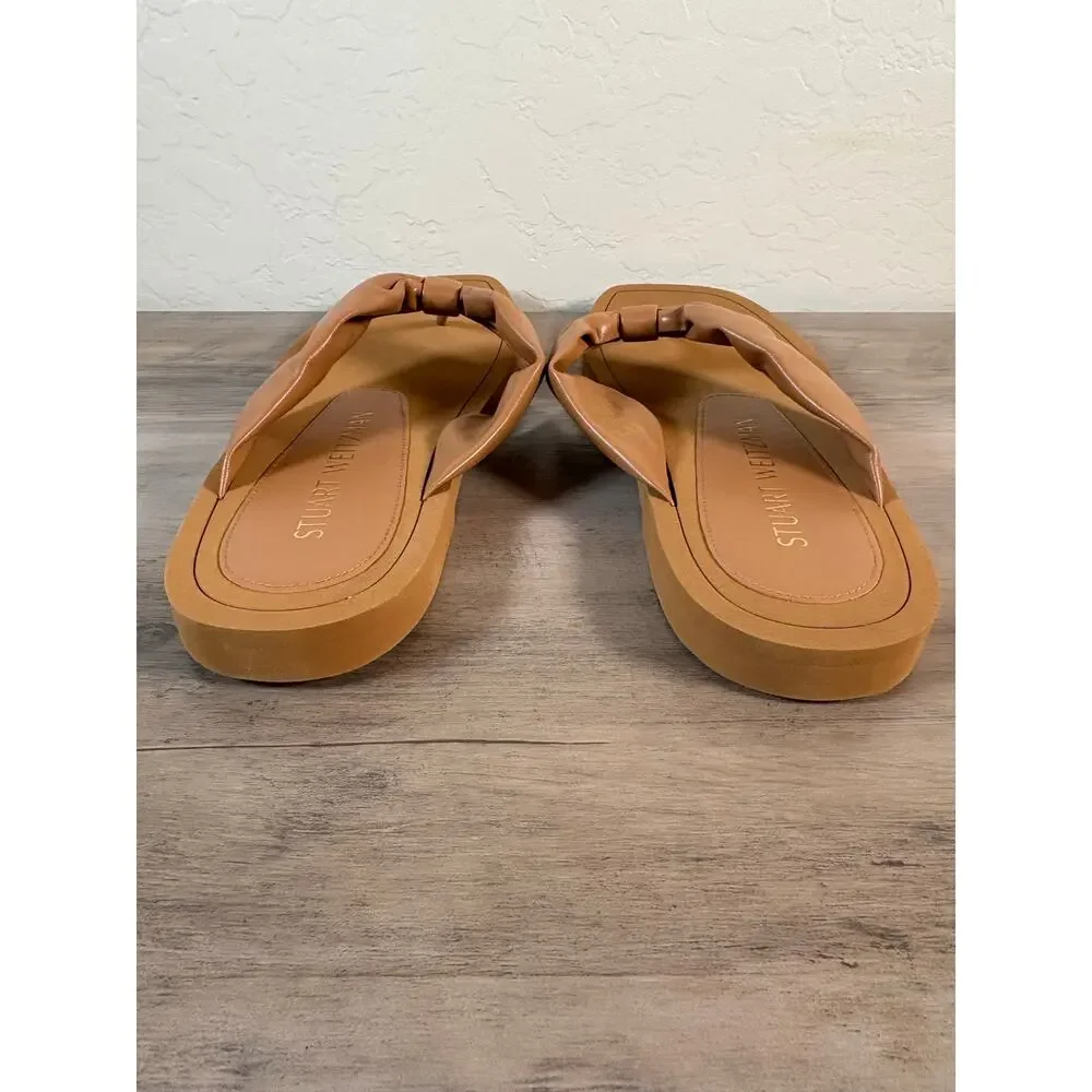 Stuart Weitzman‎ Goldie Knot Tan Leather Square Toe Thong Sandals Womens 10.5B
